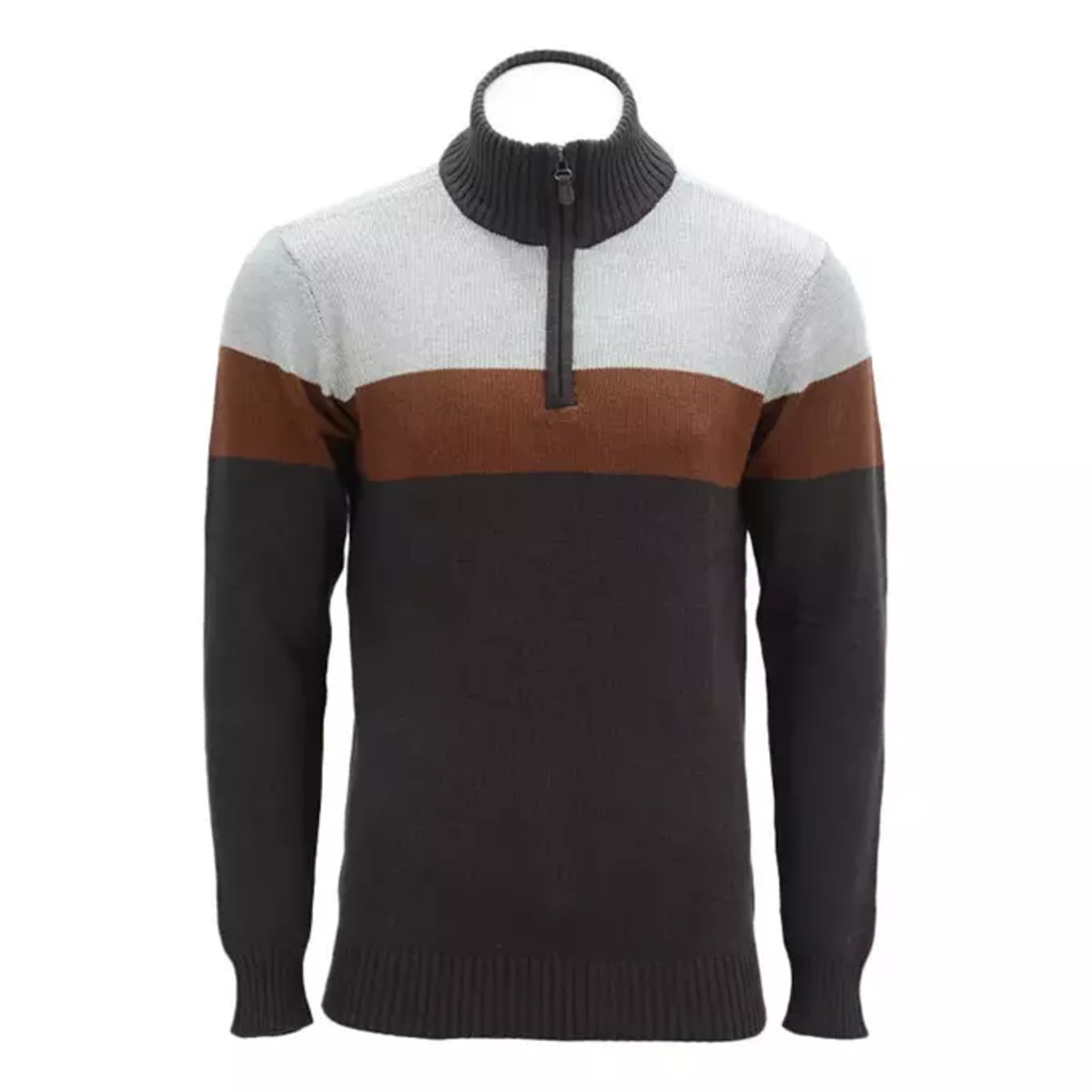 Men's chestnut and grey colour block 1/4 zip cotton jumper with high collar